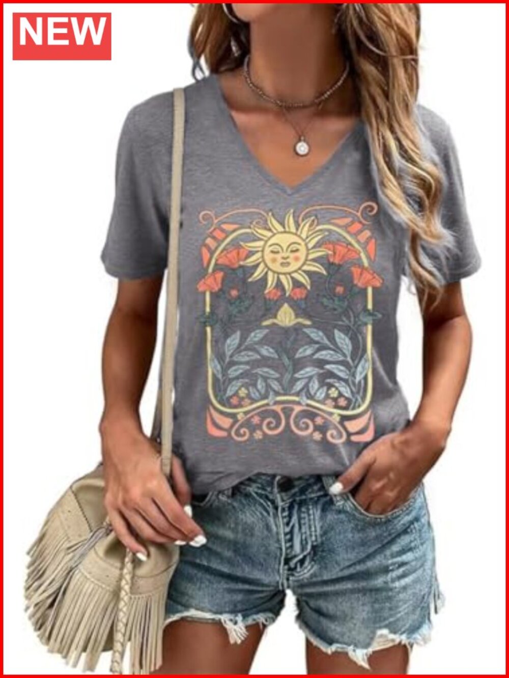 V-Neck Floral Graphic Tee Short Sleeve Summer Casual Polyester Blend